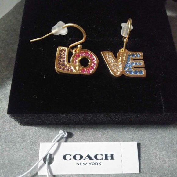 COACH LOVE Earrings in Goldtone W/ Sparkling Multicolour Stones - Picture 2 of 5